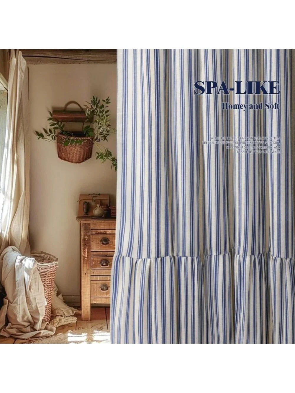Chic Farmhouse Ruffle Shower Curtain, Cream-Blue Stripe, 72
